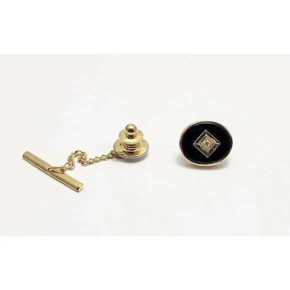 Vintage 14K Solid Yellow Gold Designer Black Onyx & Diamond Tie Tack Label Pin